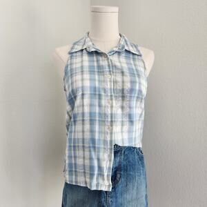 Vintage Y2K Faded Glory Blue White Plaid Sleeveless Button Down Top S Cottage